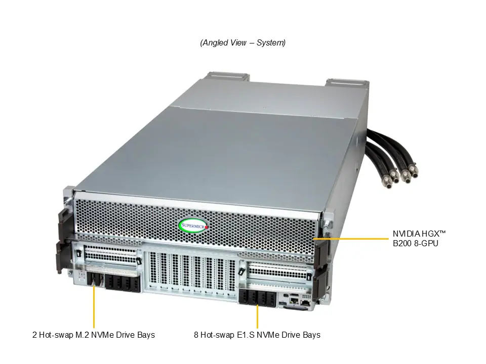 Supermicro GPU SuperServer SYS-422GS-NBRT-LCC – Sistema 4U Intel Xeon 6700 com 8 GPUs NVIDIA HGX B200 e Resfriamento Líquido - Imagem 2
